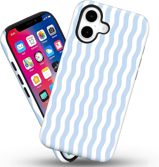 Magnetic for iPhone 16 Case Cute Wavy Stripes Phone Case, Shockproof Slim TPU and Hard PC Protective Phone Cover Compatible with MagSafe Designed for Women Girls, Blue