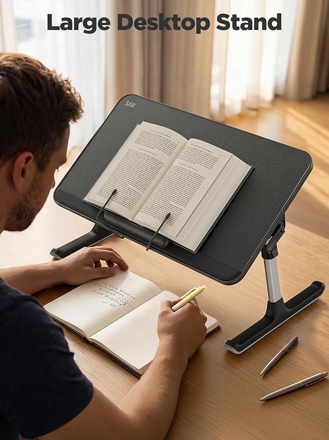 SAIJI Book Stand for Reading Hands Free with Page Paper Clips in Bed,Laptop Desk Table, Portable Lightweight Lap Desk Tray for Writing Eating Breakfast on Couch Sofa Floor (20.5"x11.8",Black)