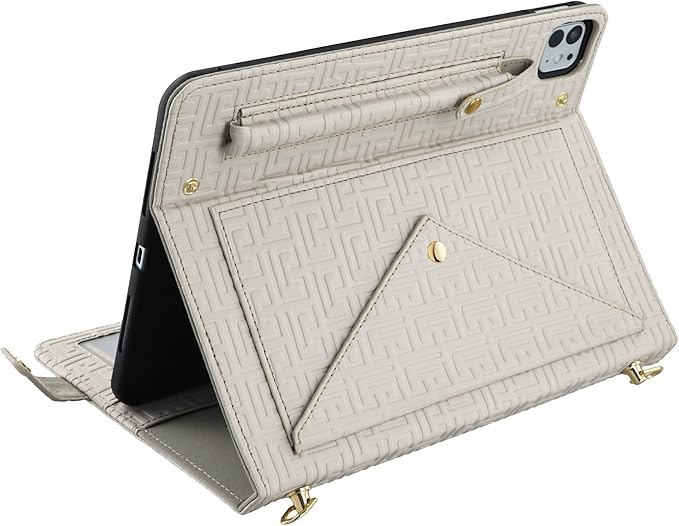 Handbag Case for iPad Pro 13-inch M5 2025/M4 2024, Techcircle Elegant Crossbody PU Leather Folio Envelope Pocket Stand Cover with Hand Strap+Shoulder Strap+Pencil Holder+Card Slots, Off-White