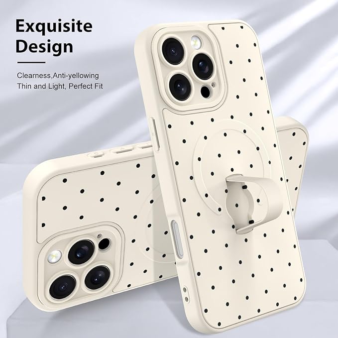 KANGHAR Compatible with iPhone 16 Pro Case, Support for MagSafe, Silicone Spot Cute Pattern, Wristband Kickstand Camera Protection Soft Slim Cover for Girls Women -White
