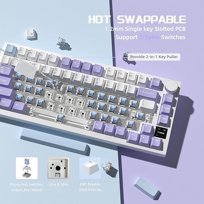 Attack Shark ajazz AK820 Pro Wireless Mechanical Gaming Keyboard Hot Swappable TFT Display & Knob RGB Backlit BT 5.1/2.4Ghz /Type-C Wired Gasket-Mounted Custom Keyboard for PC/Win(Purple/Fish Switch)