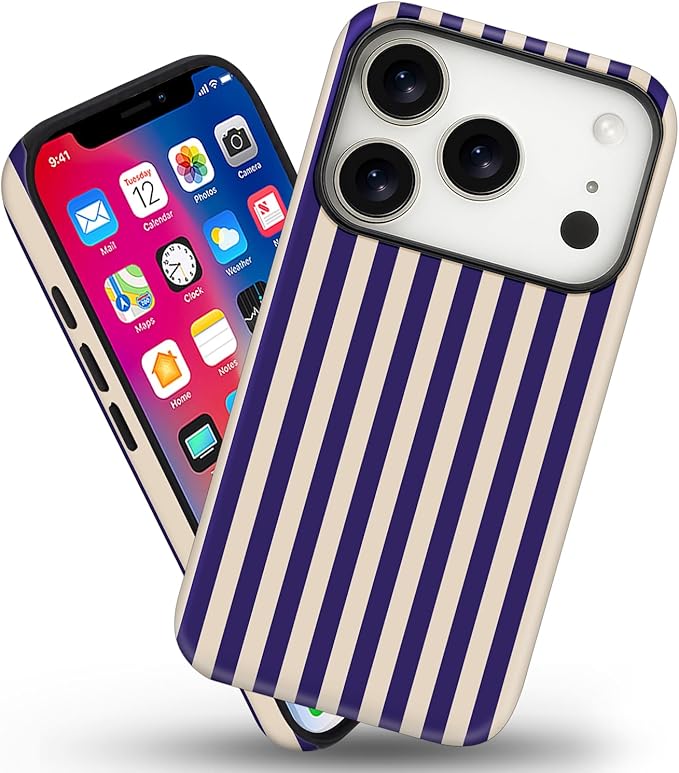 Magnetic for iPhone 17 Pro Case Cute Stripes Phone Case, Shockproof Slim TPU and Hard PC Protective Phone Cover Compatible with MagSafe Designed for Women Girls, Deep Purple