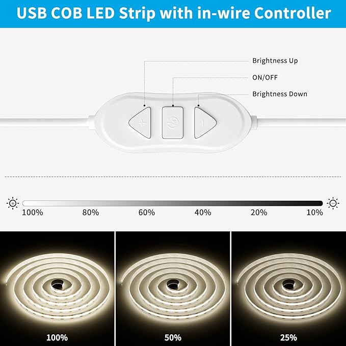 USB 5V COB LED Strip Lights 3.28ft/1M, Natural White 4000K Dimmable USB Powered Density COB Tape Flexible Cuttable LED Strip for TV Backlight, 3D Printer, RV, Sewing Machine, Bedroom, Mirror