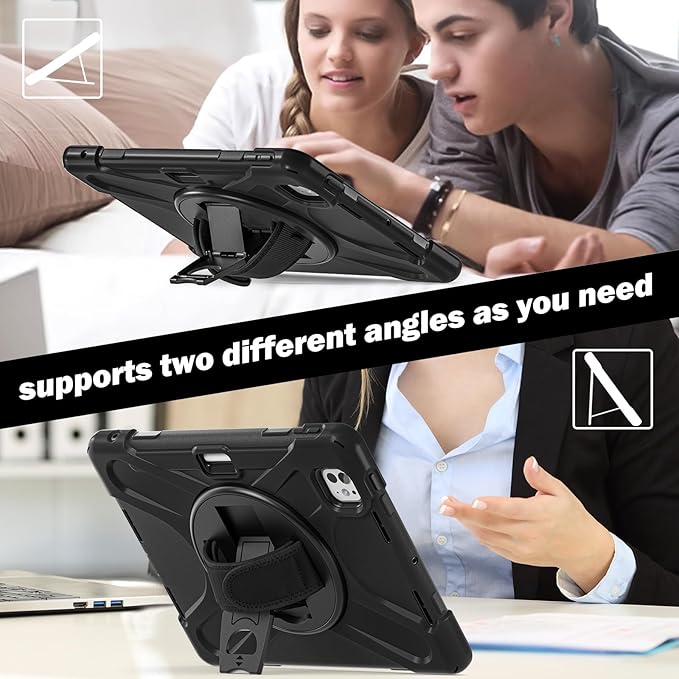 Batianda Case for New iPad Pro 11-inch 2025 M5 2024 M4 Chip Heavy Duty Rugged Durability Silicone Tablet Cover with 360° Rotating Hand Strap Foldable Hidden Stand & Shoulder Strap, Black