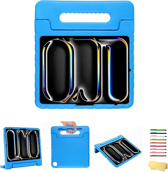for iPad Air 13-inch Case M3/M2 (2025/2024) for Kids with Pencil Holder/Kickstand, Anti-Slip Handle Stand Lightweight Soft EVA Foam Shockproof Rugged Bumper Tablet Protective Cover, Blue