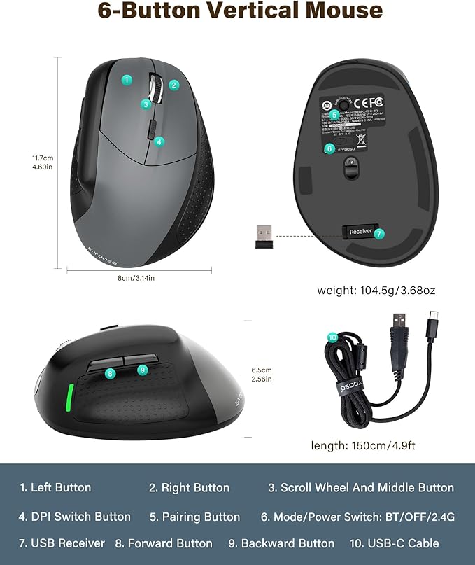 XUANGUI Vertical Ergonomic Quiet Wireless Mouse Rechargeable MT65, Bluetooth 5.1/2.4G/USBC Tri-Mode Computer Mice for Large and Medium Hands, Max 4800 DPI, Type C and Witeless for PC Laptop Mac Tablet