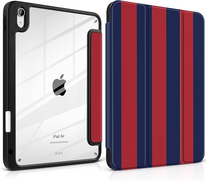 Case for iPad Air 11 inch M4 2026 M3 2025 M2 2024 Release with Pencil Holder Clear Back Shell Lightweight Shockproof TPU Edge Trifold Stand Auto Wake Sleep Cute Cover, Red Navy Stripes