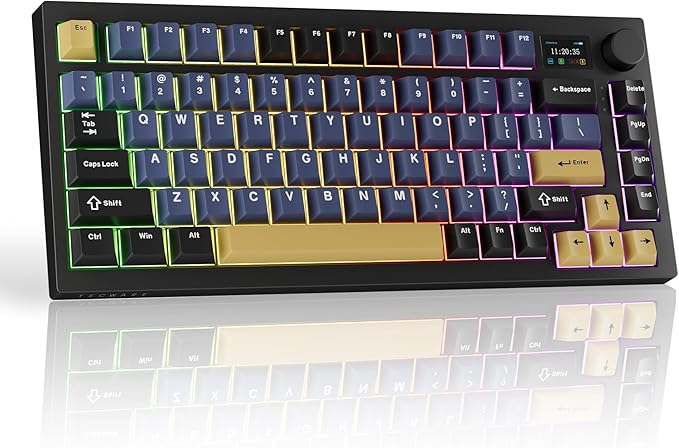 TECWARE Spectre 75 Mechanical Gaming Keyboard | Customizable LCD Screen Display & Knob | Tri-Mode Wireless Bluetooth 2.4GHz | Gasket Mount Hot Swappable | Ocean Gold Red Linear Switches