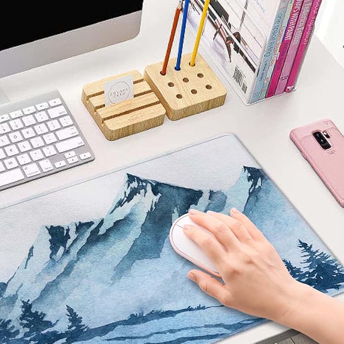 Watercolor Winter Mountains Landscape Desk Mat, Extended Big Mouse Mat for Home and Office, Large Gaming Mousepad Laptop Keyboard Mat with Non-Slip Rubber Base, Stitched Edges (31.50"x11.8"x0.12")