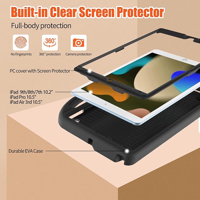 Kids Case for iPad 10.2 & 10.5, iPad 9th/8th/7th Generation 10.2" 2021 2020 2019 Case with Screen Protector, iPad Air 3rd Gen/Pro 10.5 inch Protective Cover with Handle Stand, Black