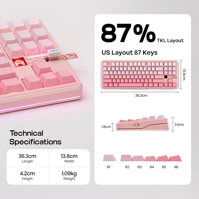 MechLands Aula F87 PRO V2 Wireless Gaming Keyboard with 10000mAh Battery, 8K Polling, SOCD/MT/TGL, BT/2.4GHz/Wired, Hot Swap TKL Mechanical Keyboard with Creamy Gasket, RGB Backlit (Pink Gradient)
