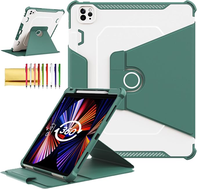 Rotating Case for iPad Pro 12.9" 6th/5th/4th Gen 2022/2021/2020 Smart Cover with Pencil Holder, Techcircle Hybrid TPU+PC Magnetic Cover Soft Bumper Slim Folio Shockproof Protective Case-Midnight Green