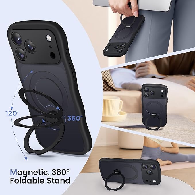 CAPRARO for iPhone 17 Pro Case with 360° Spin Magnetic Stand for Women, [Compatible with MagSafe] [Full Camera Protection] Cute Wave Translucent Matte Case for iPhone 17 Pro, Black