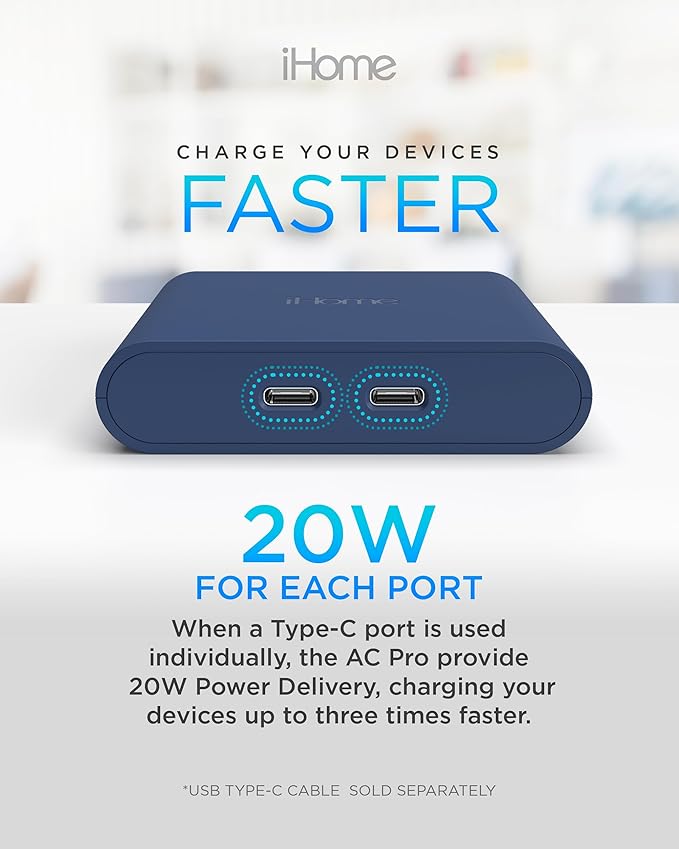 iHome Multiport 40W USB-C Charger, AC Pro 2-Port Flat Block, Dual Fast Charging Wall Adapter