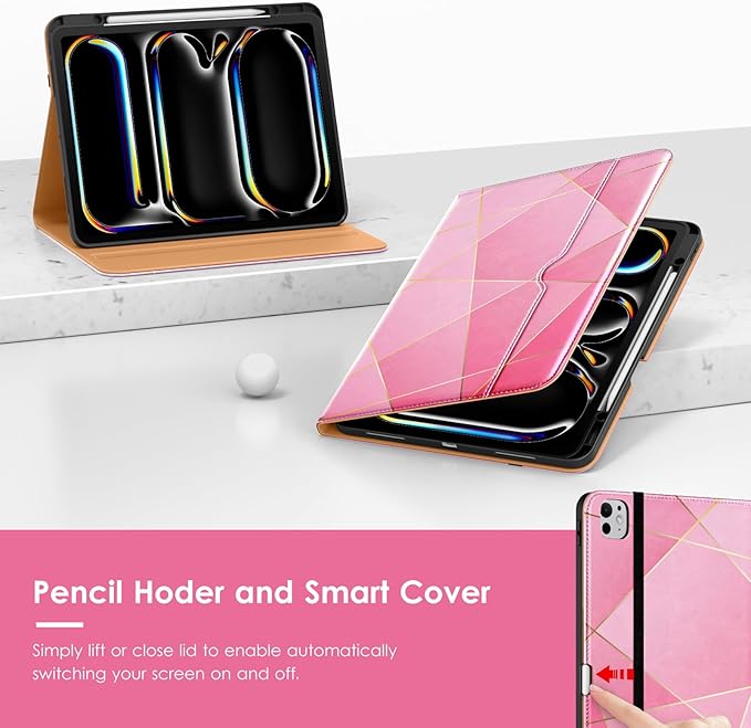 VIKESI Case for iPad Pro 13 (M4) 2024, Leather Stand Cover with Apple Pencil Holder, Auto Wake/Sleep, Multiple Viewing Angles, Built in Hand Strap & Pocket, Polygons