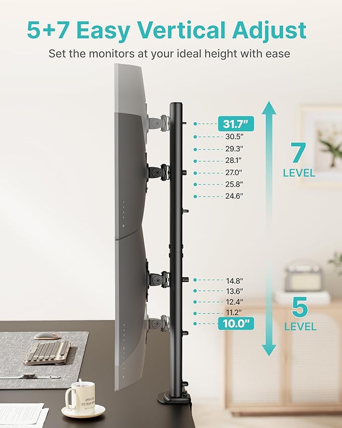 Pegzone Vertical Dual Monitor Mount for 17–34 Inch Screens, Stacked Monitor Stand, Holds up to 33 lbs per Arm, 33.1" Extra Tall Pole, Full Motion Height Adjustable Mount, 75/100 VESA, Clamp & Grommet