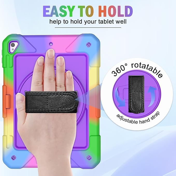 BMOUO Case for iPad 6th/5th Generation Case (9.7 inch, 2018/2017), 360°Rotating Stand, Hand/Shoulder Strap Shockproof iPad 9.7” Case for iPad Air 2, Purple