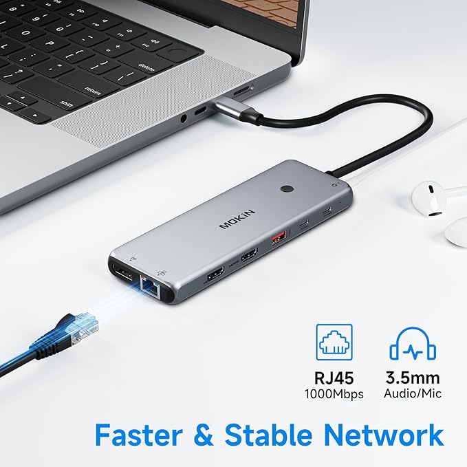 USB C Docking Station Laptop Hub Dual Monitor Multiport Adapter Dock Dongle,USB C to 2 HDMI,DisplayPort,PD Charging,Ethernet,7 USB A/C 3.1/3.0/2.0 Ports,Audio