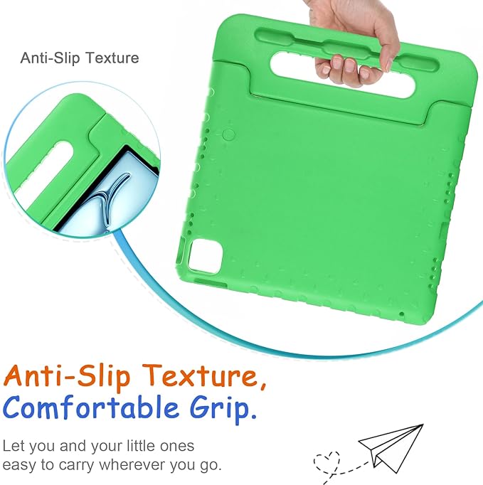 Kids Case for iPad Pro 11" M5/M4 & iPad Air 11" (2026/2025/2024) Shockproof Case with Pencil Holder, Techcircle Light EVA Foam Handle Stand Bumper Protective Child Friendly Drop Proof Cover, Green