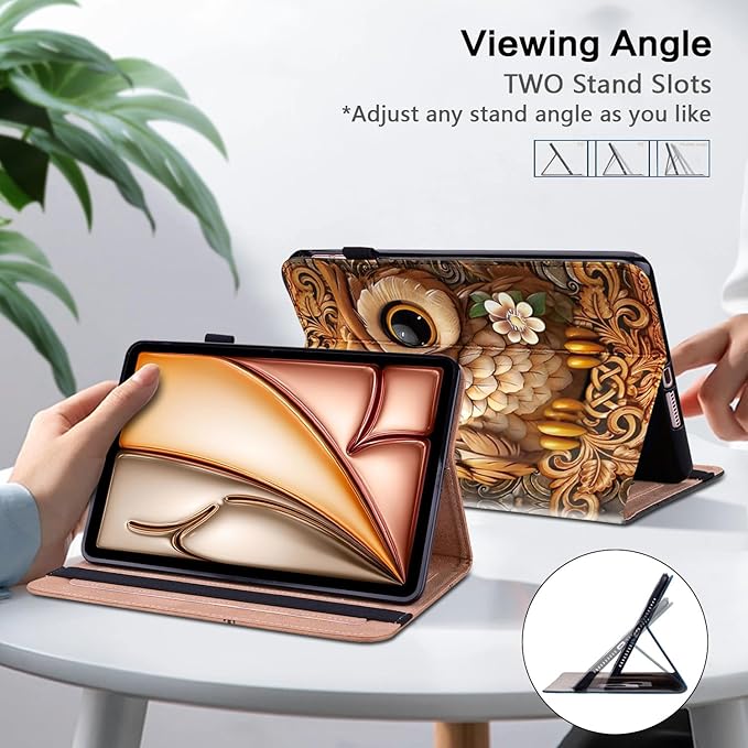 Case for iPad Pro 13 Inch (M5/M4) 2025/2024, PU Leather Tablet Cases Flip Folio Multi-Angle Viewing Stand Protective Cover with Card Slots - Brown Owl