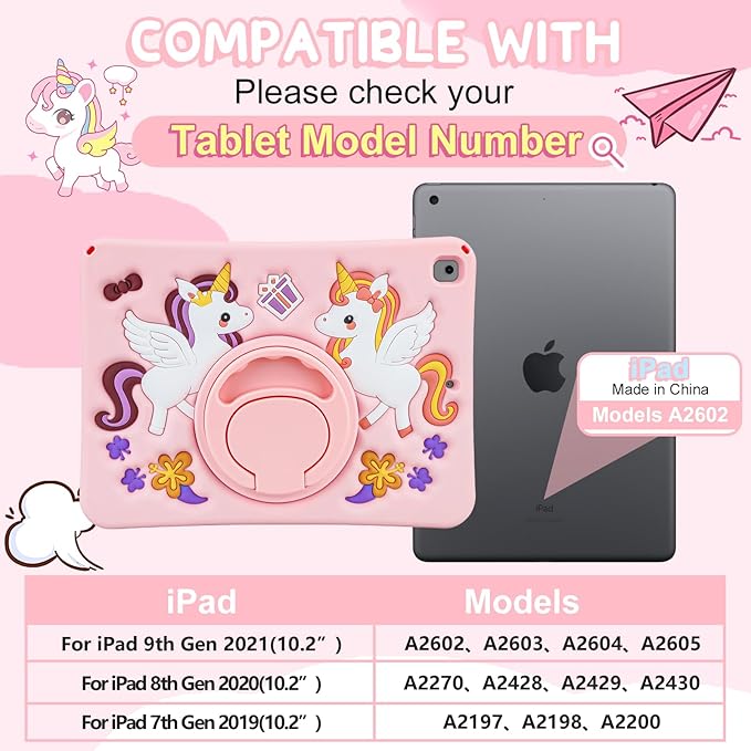 HianDier for iPad 9th Generation Case/iPad 8th Generation Case/iPad 7th Generation Case Cute Unicorn Silicone Tablet Cover with Detachable Strap and Rotatable Stand Shockproof Cover-Pink