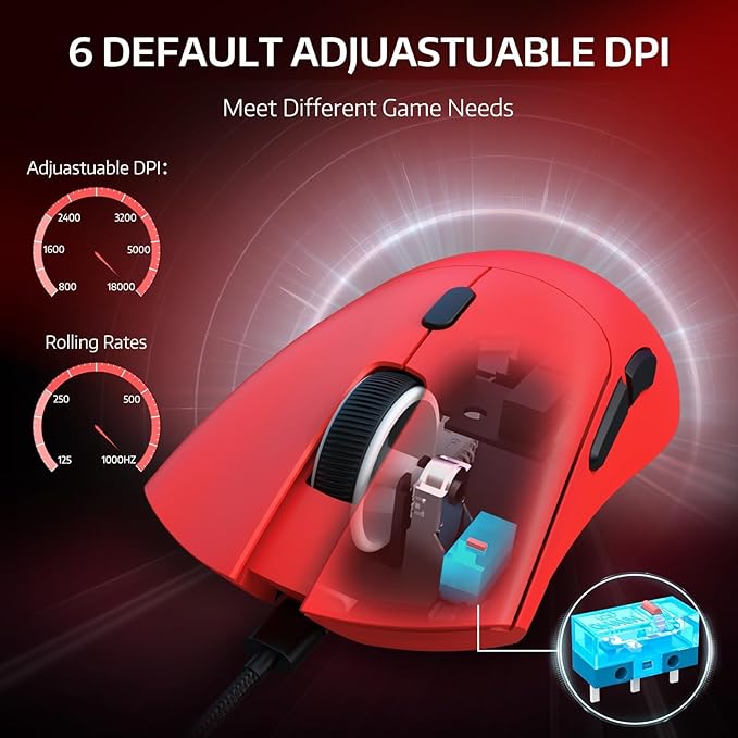ATTACK SHARK R1 Wireless Gaming Mouse,Tri-Mode Connection (2.4G/Wired/BT5.2),55g Lightweight,18K DPI Optical Sensor,HUYU 20 Million Key Life,Ergonomic Design,for PC/Laptop/Win/Mac(Red)