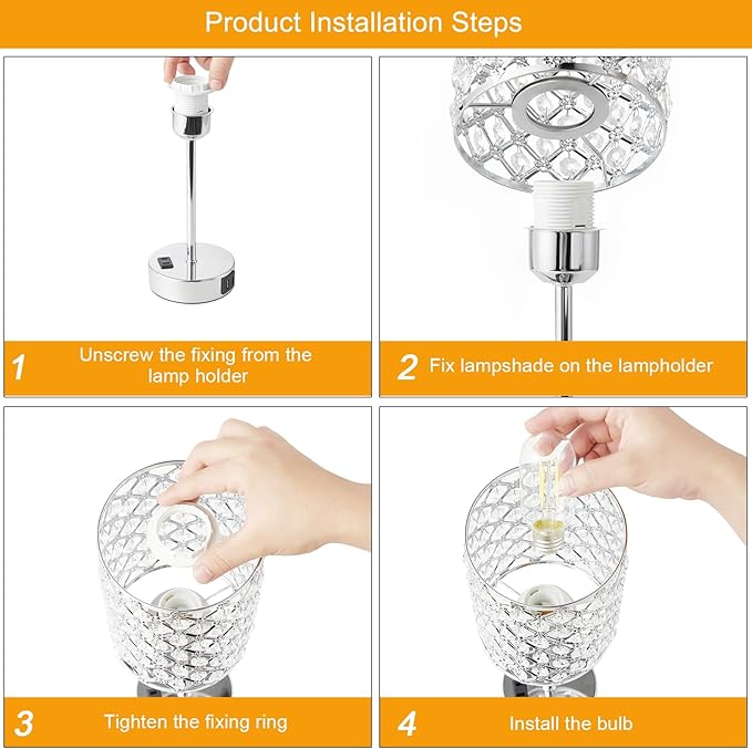Table Lamps for Bedroom Set of 2-Crystal Table Lamp with USB C+A Ports & AC Outlet Sliver Nightstand Touch Lamp with 3-Way Dimmable Bedside Side Desk Lamp for Living/Bedroom (LED Bulb Included)