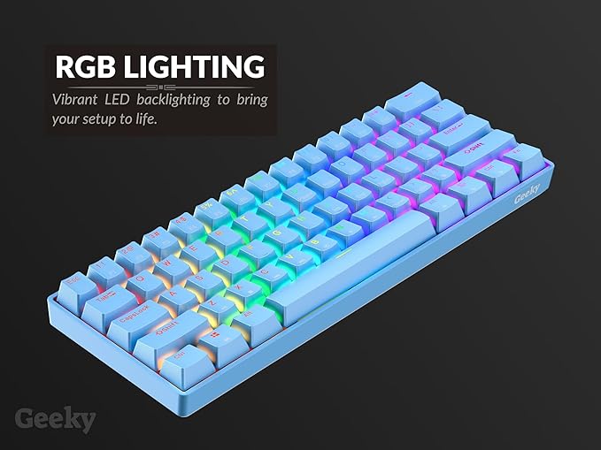 Geeky GK61 SE 60% | Mechanical Gaming Keyboard | 61 Keys Multi Color RGB LED Backlit for PC/Mac Gamer | ANSI US American Layout (Blue, Mechanical Black)
