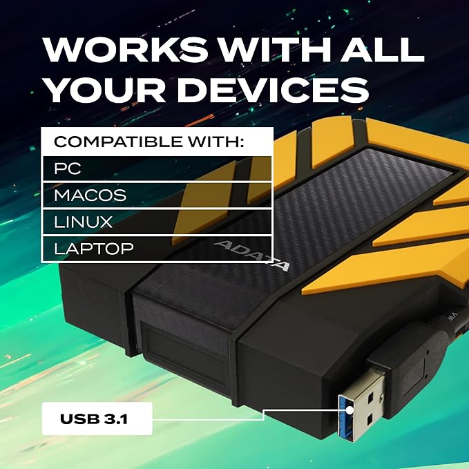 ADATA HD710 Pro - 1 TB External Hard Drive - Shockproof, Waterproof & Dustproof - Durable Storage - For Gamers, Students & Professionals - Mac, PC & Linux Compatible - Yellow - AHD710P-1TU31-CYL