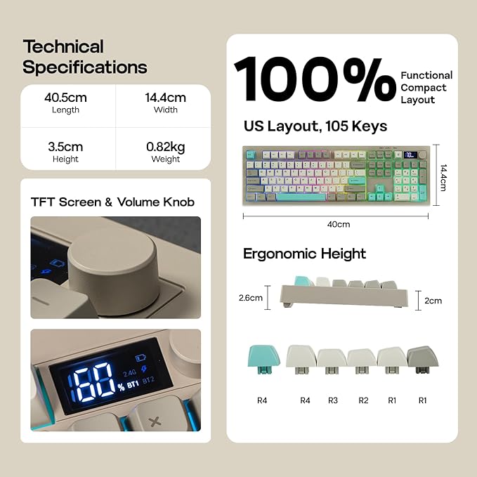 EPOMAKER Aula S102 PRO Membrane Gaming Keyboard with TFT Screen, Volume Knob & Number Pad, BT/2.4G/USB, RGB Backlit, Creamy Silicone Structure, Silent Keyboard for PC Game/Office (Grey)