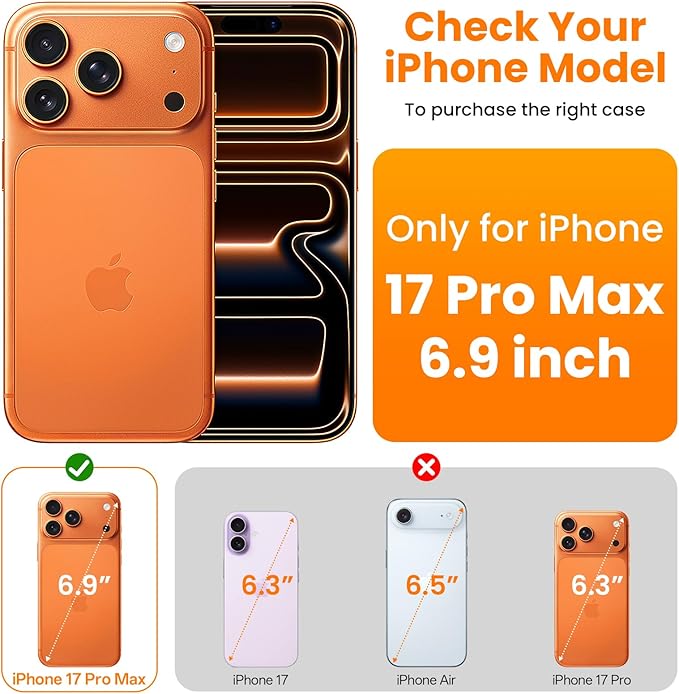 3-in-1 Air for Heavy Duty iPhone 17 Pro Max Case with Screen Protector & Camera Lens Protector,[Fits MagSafe][Military-Grade Protection] [Built-in Airbag] Shockproof Case for 17 Pro Max(Clear-Orange)