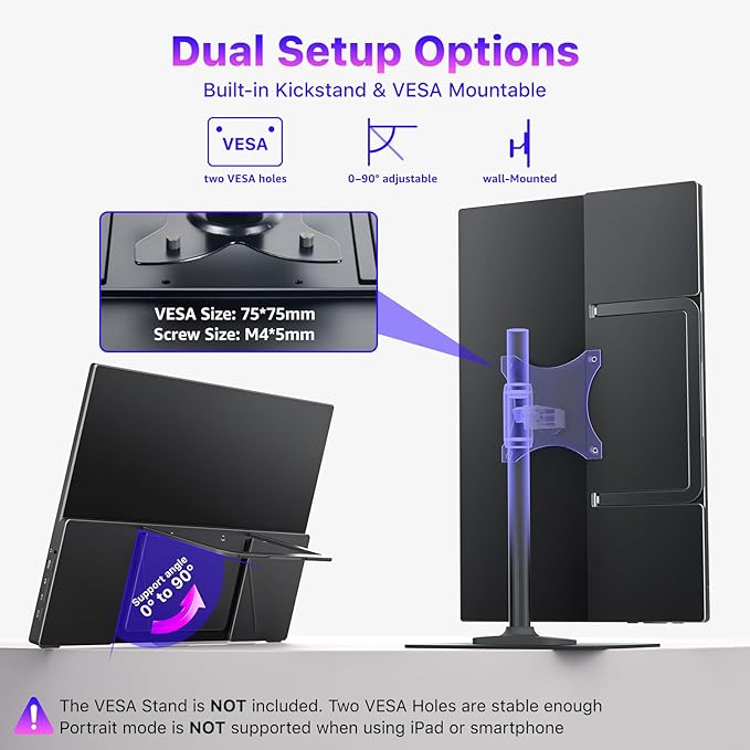VisionOwl Portable Monitor for Laptop, IPS USB-C HDMI Travel Second Monitor for MacBook Pro Air, PC, PS5, Xbox, Portable Second Screen, Built-in Kickstand, Speakers, VESA Mountable, 15.6 Inch
