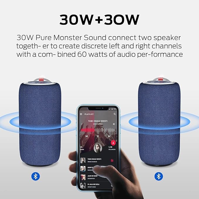 Monster S310 Upgraded Bluetooth Speaker, 30W Portable Speaker, 360° Stereo Sound with Punchy bass, TWS Pairing, IPX6 Waterproof, Bluetooth 5.2, 24H Playtime, Perfect for Home, Outdoor, Beach, Blue