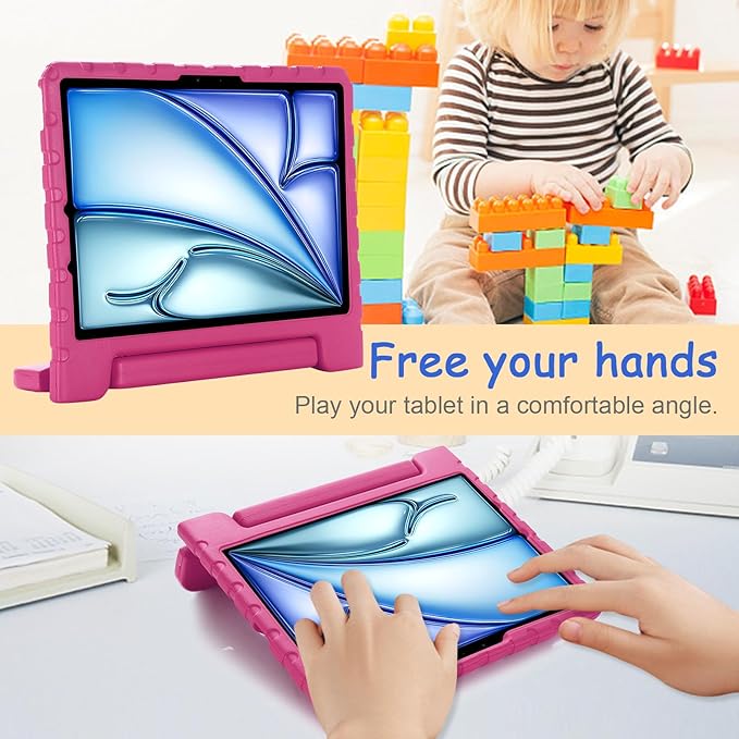 Kids Case for iPad Pro 11" M5/M4 & iPad Air 11" (2026/2025/2024) Shockproof Case with Pencil Holder, Techcircle Light EVA Foam Handle Stand Bumper Protective Child Friendly Drop Proof Cover, Rose