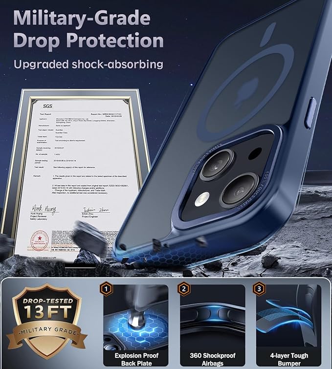 Newfuture Magnetic for iPhone 15 Case [Compatible with Magsafe] [Military Grade Drop Protection] Translucent Matte Anti-Fingerprint Shockproof Phone Case for iPhone 15 6.1 inch, Navy Blue