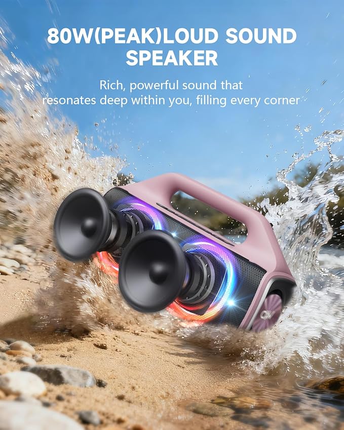 IPX67 Waterproof Bluetooth Speaker:80W(Peak) Loud Outdoor Portable Wireless Party Speakers with LED Lights,20H Playtime,Bluetooth 5.3,Deep Bass & TWS for Pool,Beach