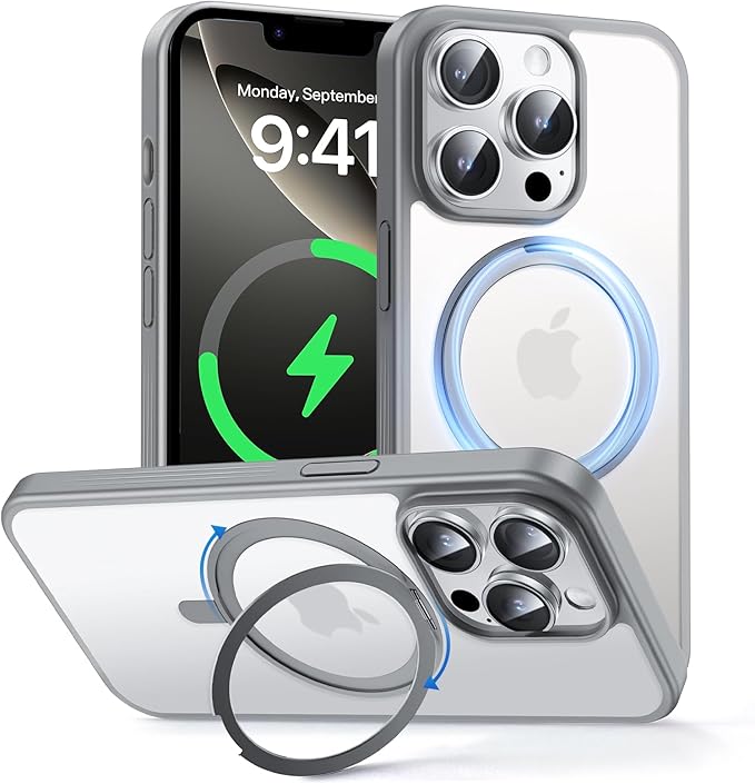 MAGIC JOHN 360° Rotatable Magnetic Invisible Stand for iPhone 14 Pro Case [Anti-Slip Grip] [Compatible with MagSafe] 16FT Shockproof for iPhone 14 Pro Case with Kickstand, Gray