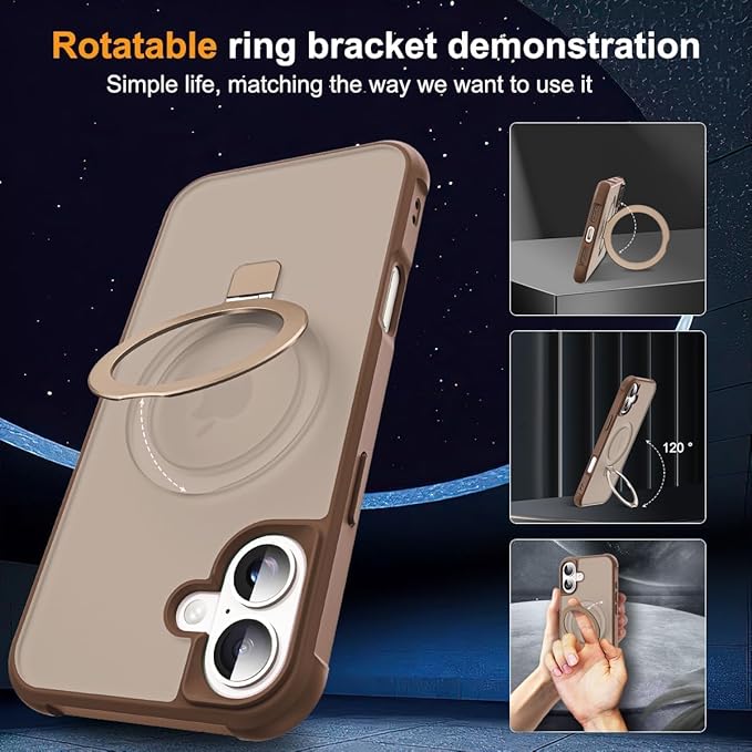 SKYLMW Compatible with iPhone 17 Case with Invisible Magnetic O-Ring Stand Military-Grade Translucent Phone Case for iPhone 17 6.3" [Compatible with Mag-Safe][Great Grip Feeling],Desert Brown