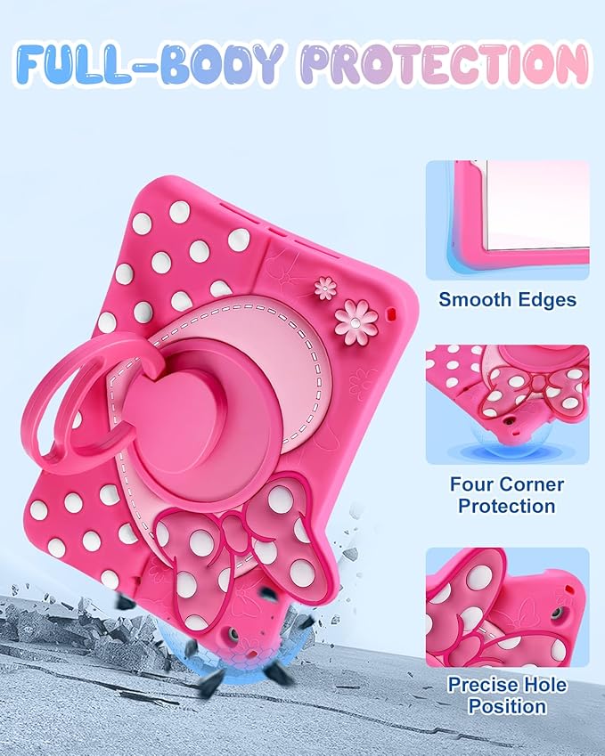 Boaretiu Kids Case for iPad 9th/8th/7th Generation 10.2 Inch 2021/2020/2019 - Cute Girly Cartoon Soft 3D Silicone Cover with Strap & Rotating Stand for Girls Teens, Bow Heart