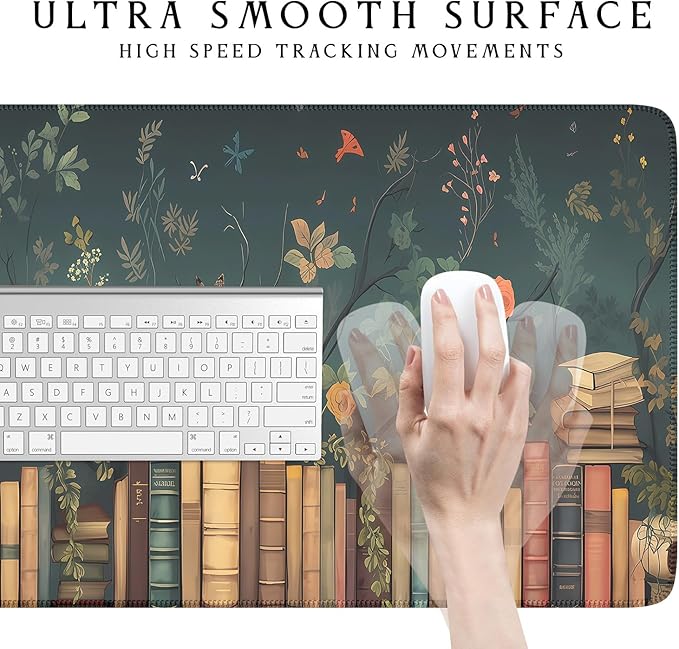 Cottagecore Blooming Floral Library Desk Mat- Book Lover's Garden Study Large Mouse Pad-Butterflies & Antique Books Writing Mousepad Desktop for Gaming Office Decor 31.5" x 15.7"