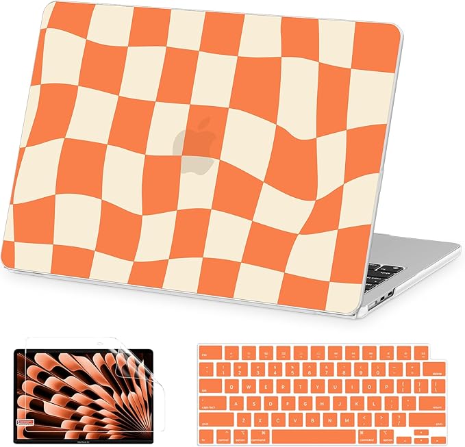 AKIT Compatible with MacBook Air 13 inch Case M5 2026 2025-2022 M4 M3 M2 A3449 A3240 A3113 A2681, Unique Shell Laptop Case+Screen Protector+Keyboard Cover for MacBook Air 13.6 inch, Orange CheckBoard