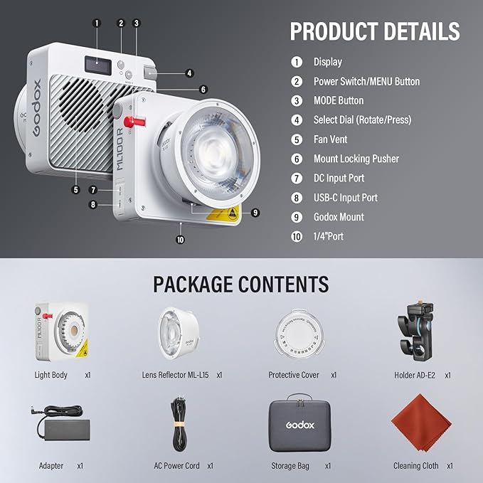 Godox ML100R RGB COB LED Video Light Portable with Carry Bag 110W Full-Color 1800K-10000K CRI 97+/TLCI 98+ 14 FX Effects Support APP Control for Studio/Live Streaming/Outdoor