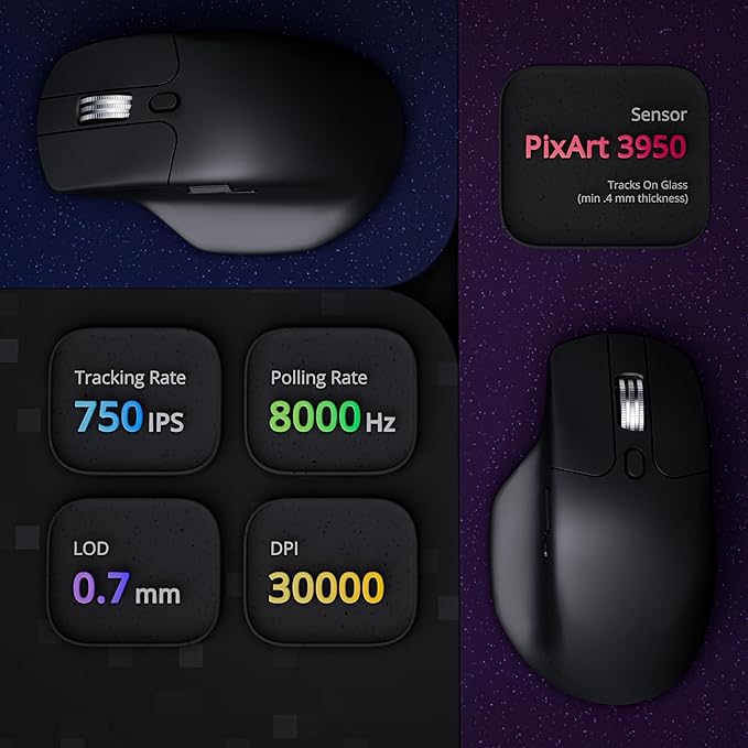 Keychron M6 8K Wireless Gaming Mouse, 2.4G/Bluetooth/Wired, PixArt 3950 Sensor, 8000Hz Polling, Silent Clicks, 5 On-Board Memory Profiles for Plug & Play, Programmable for Mac/Win/Linux – Black