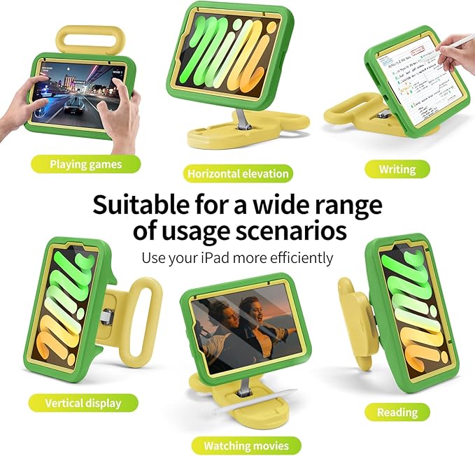 Kids Case for iPad mini 7 (A17 Pro) 2024 / iPad mini 6 2021, Adjustable Portrait/Landscape Stand, Drop Proof Handle Kickstand, Child Friendly with Screen Protector for iPad mini7th/6 8.3 inch(Green)