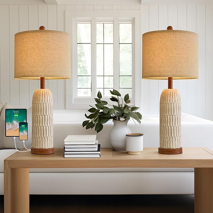 OYEARS 26.5" Bedside Table Lamps Set of 2, Farmhouse Table Lamp with USB A+C Charging Ports,Vintage Nightstand Lamp for Bedrooms and Living Rooms, Retro Resin End Table Lamp with Linen Shade, Brown