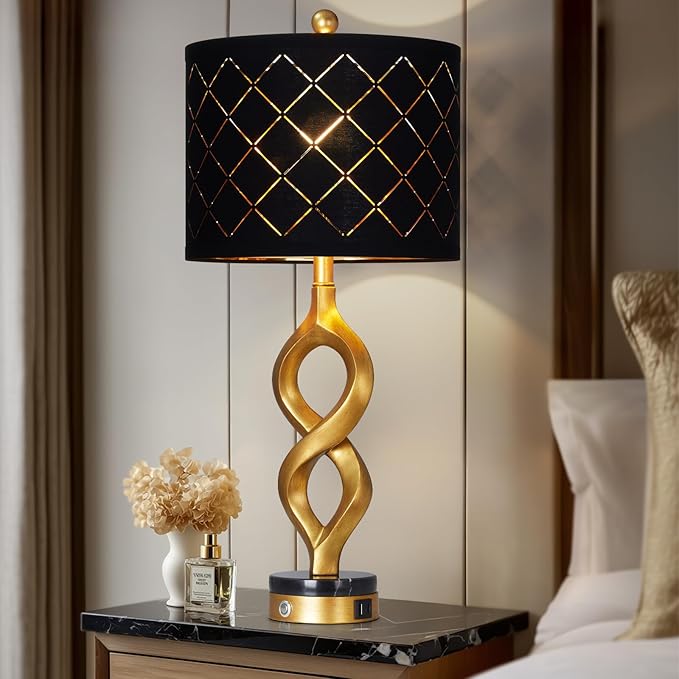 Cinyirong 30" Black and Gold Table Lamp for Living Room, Modern Touch Control Bedside Lamp for Bedroom, 3-Way Dimmable Sculptural Resin Nightstand Lamp with USB A+C Ports and 1 LED Bulb (1 Pack)