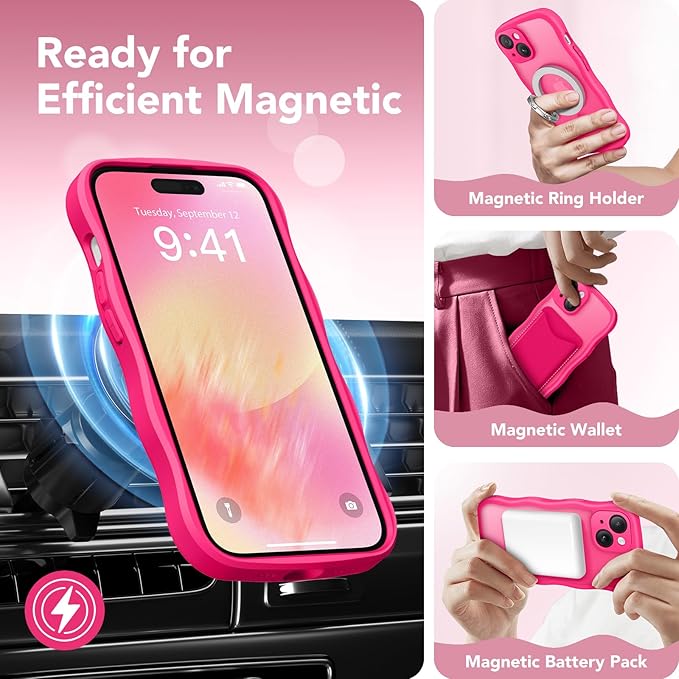 CAPRARO Cute for iPhone 15 Case, Compatible with MagSafe, [Curly Wave Edge] [Full Camera Protection] [14 FT Drop Protection] Magnetic Phone Case for 15 6.1 Inch, Hot Pink