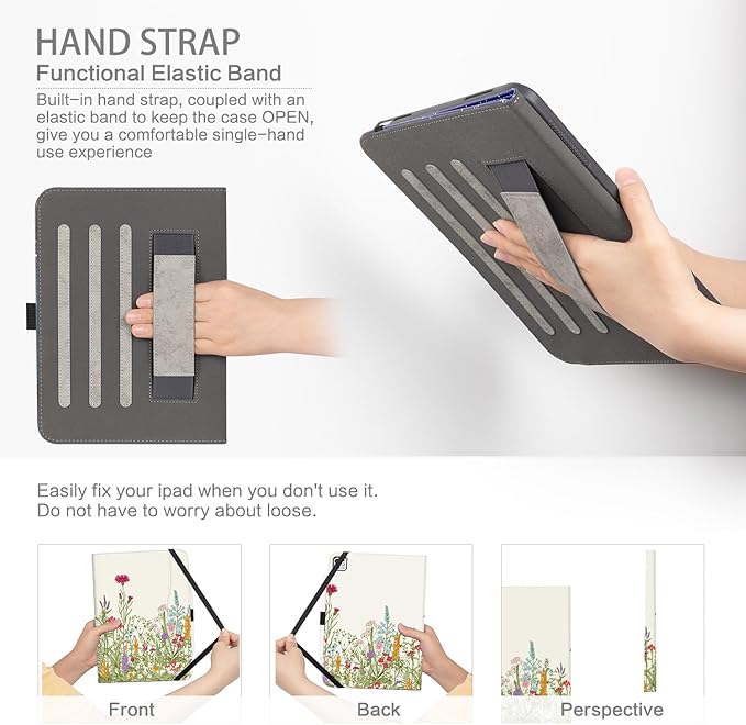 iPad Pro 13 inch Case (M5) 2025, Case for iPad Pro 13-inch (M4) 2024 with Pencil Holder Multi-Angle View Adjustable Stand Shockproof Protective case with Pocket/Hand Strap/Auto Wake Sleep, Flowers