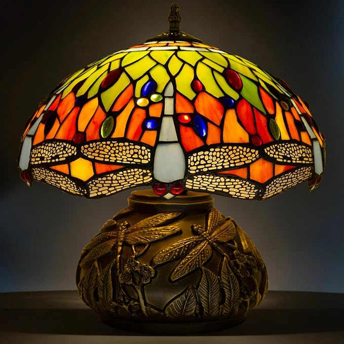 Tiffany Style Table Lamp Dragonfly, Small Stained Glass Lamp For Bedside, Bedroom, Nightstand, Living Room, 12 Inch Mini Vintage Mushroom Desk Lights Included E26 LED with Remote Control