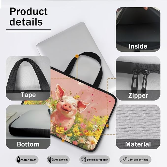 Pink Pig Floral 15 Inch Laptop Sleeve, Cute Computer Bag Tablet Carrying Case Laptop Cover Tote Bags Notebook Sleeves Handbag Messenger Briefcase for Travel/Work/School
